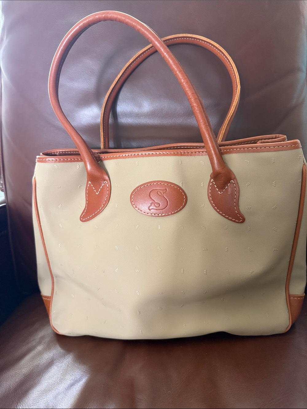 Cream & Tan Leather-Trim Tote Bag with Embossed Logo